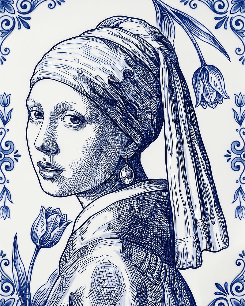 Het portret van het Meisje met de parel in Delfts Blauw — bloemstilleven van Sander van Laar