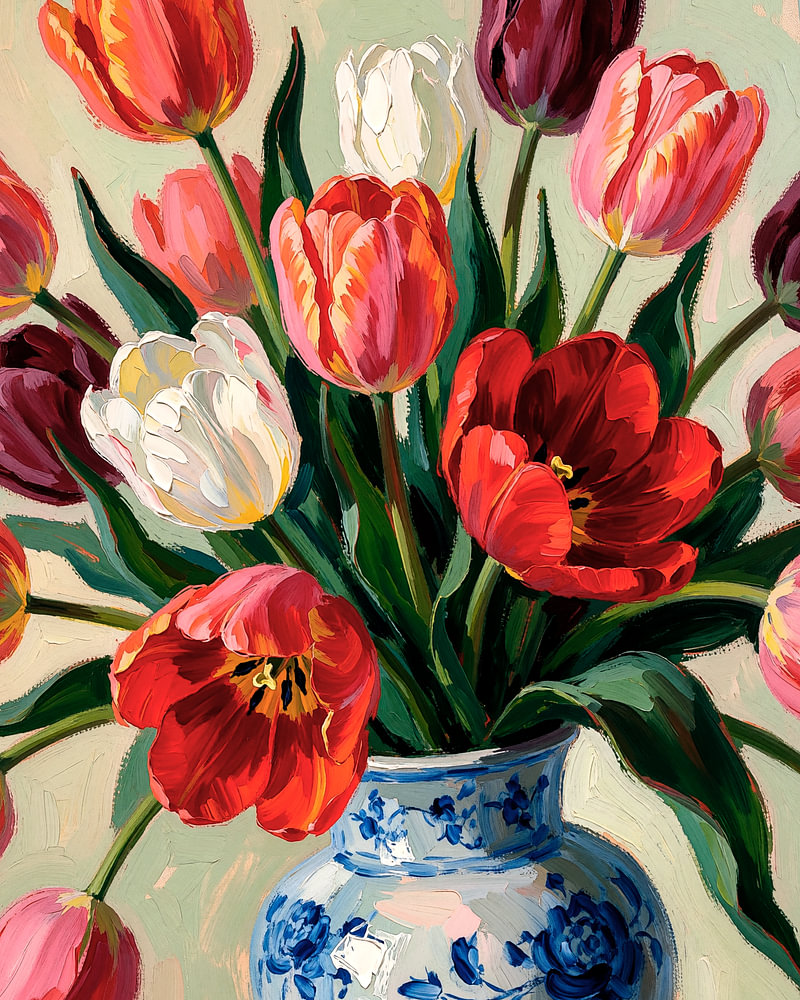 Tulpen in een vaas (2) Tulpenroes — bloemstilleven van Sander van Laar
