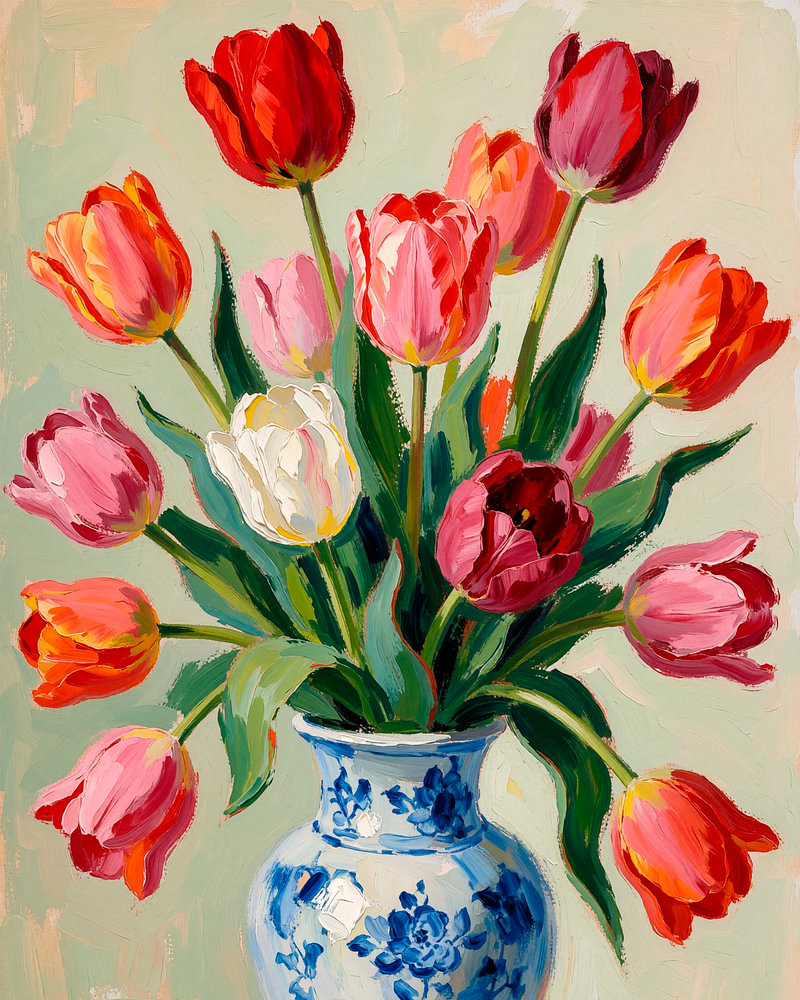 Tulpenroes (1) Modern hedendaagse bloemen Stilleven — bloemstilleven van Sander van Laar