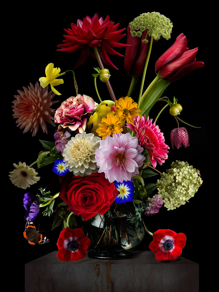 Ode aan De Heem - Stilleven met Bloemen in een Glazen Vaas — bloemstilleven van Sander van Laar
