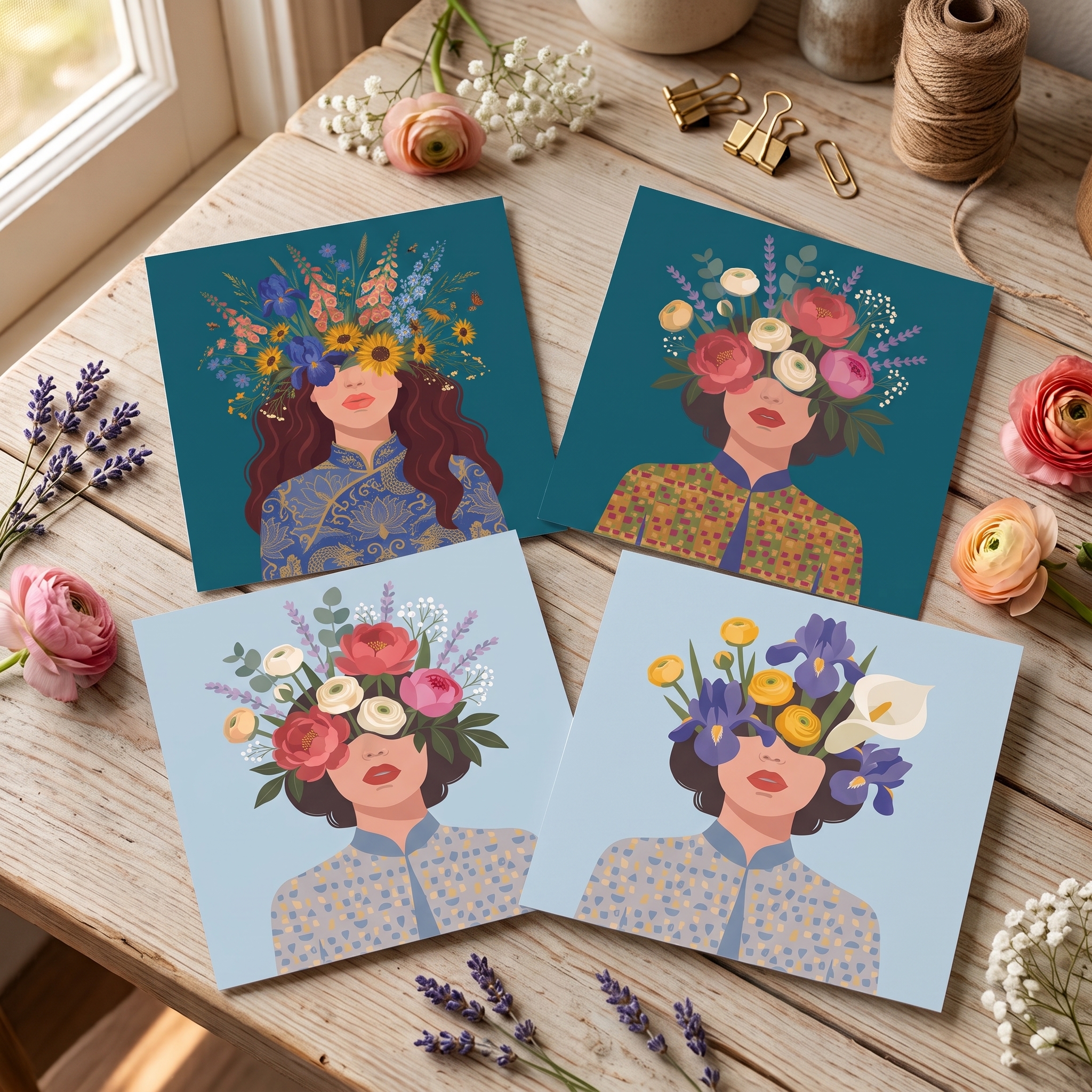 Bloemenmeisje wenskaarten set van Sander van Laar